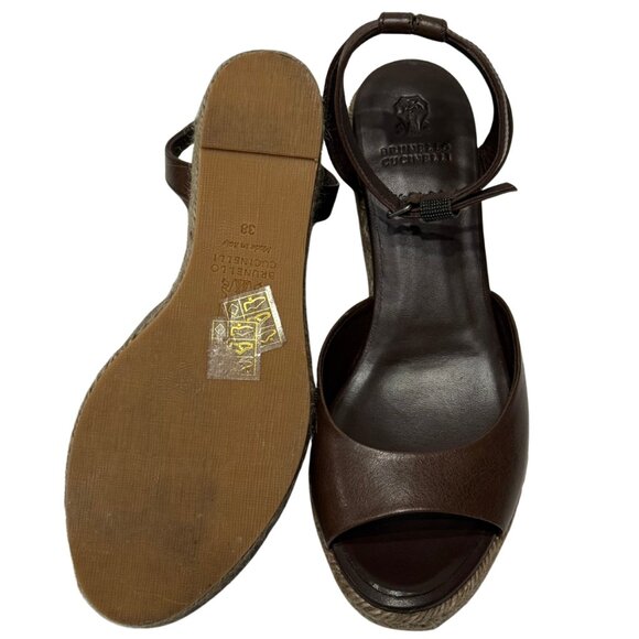 $1250 Brunello Cucinelli brown leather espadrille wedges size 8/38 - Picture 3 of 6